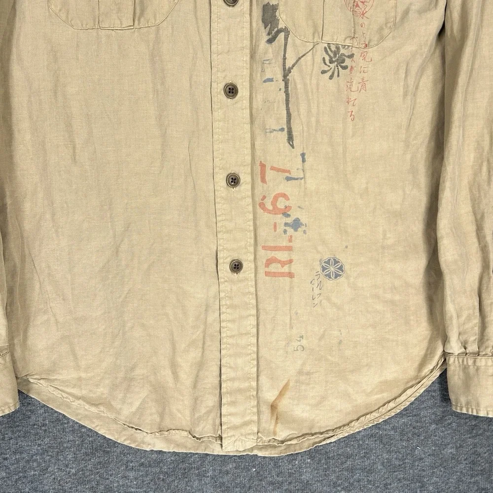 Vintage Polo Ralph Lauren Shirt Mens M Tan Asian Chinese Theme Silk Linen